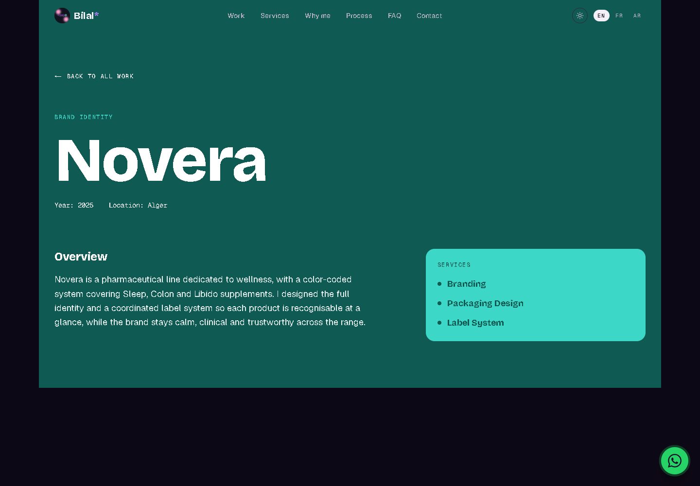 Capture du portfolio de Bilal : page projet Novera avec overview trilingue et navigation vers le projet suivant
