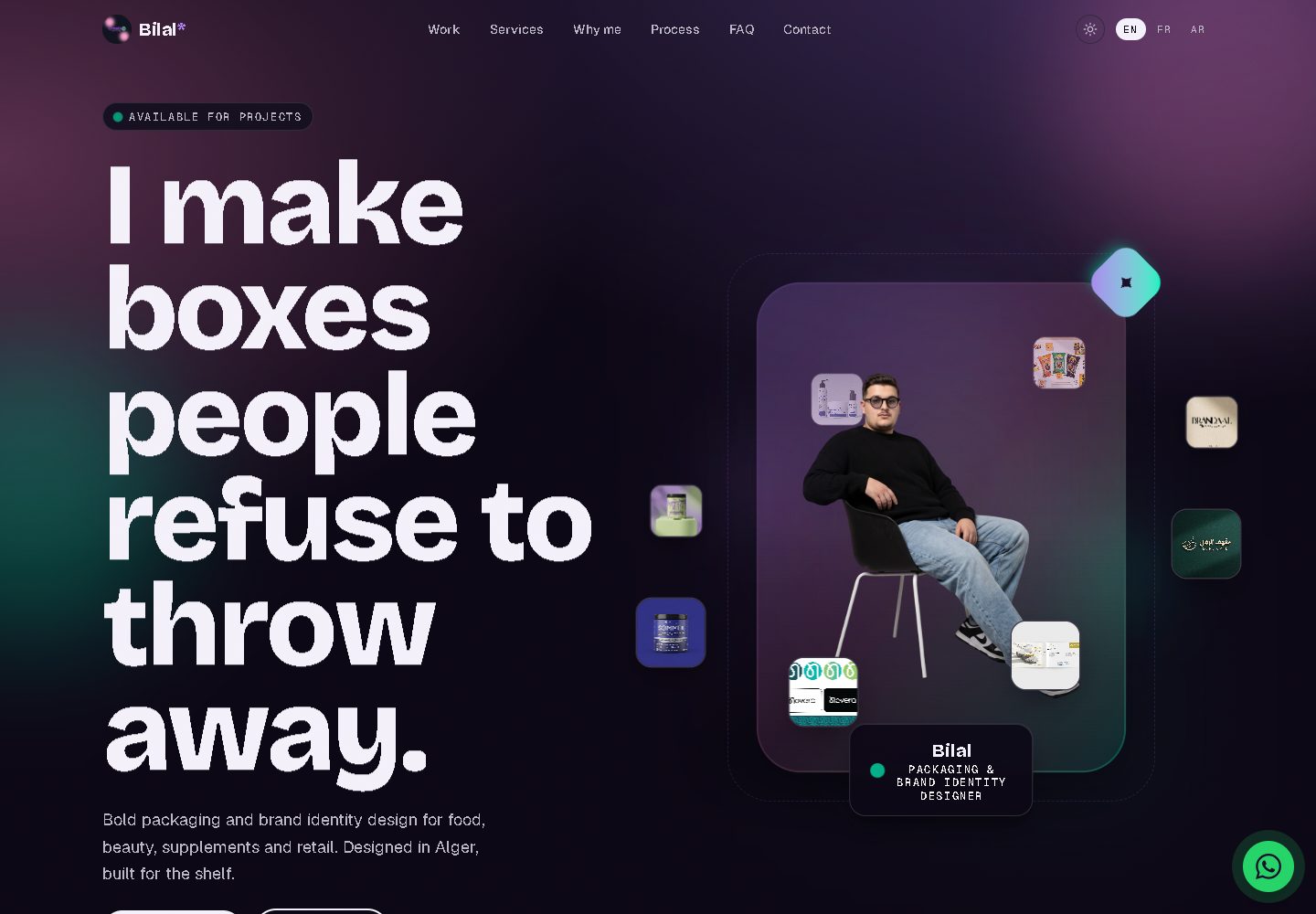 Aperçu du portfolio de Bilal, designer packaging : héros nuit avec orbit 3D et nom en title reveal