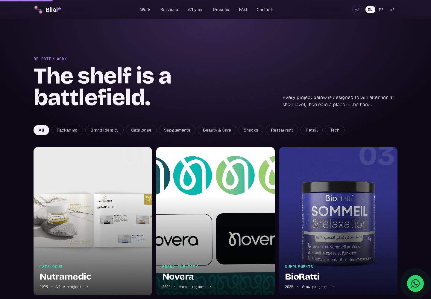 Capture du portfolio de Bilal : grille de projets packaging avec palettes harmonisées sur fond midnight shelf
