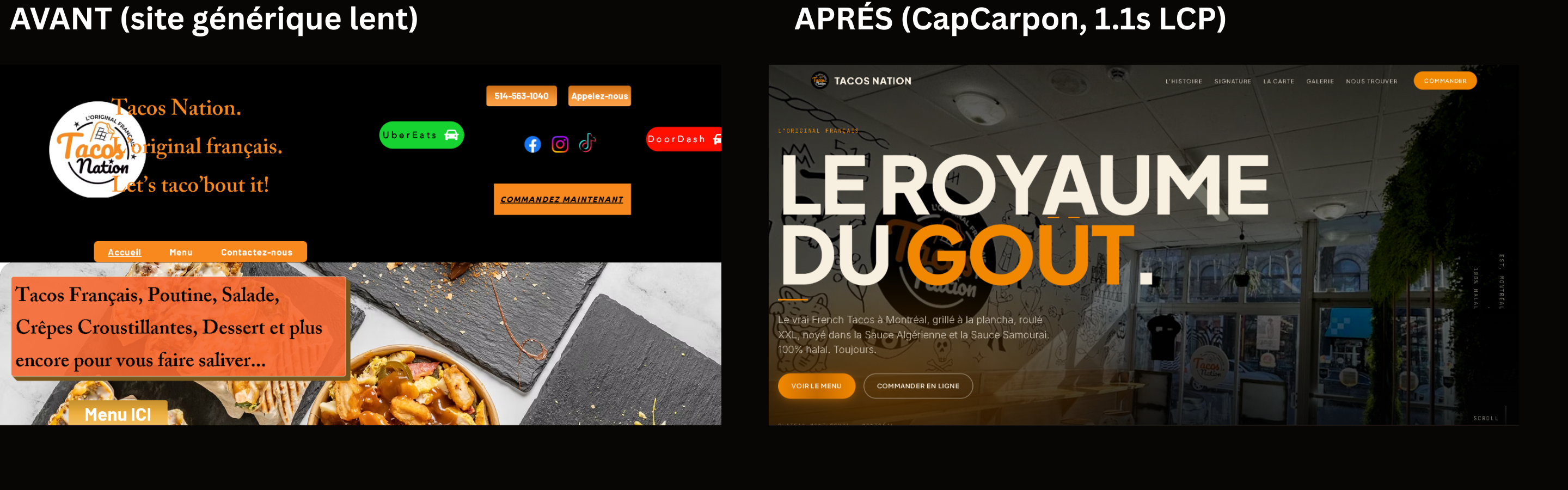 Tacos Nation — avant / après : site générique lent à gauche, nouveau site performant à droite (1.0s LCP)